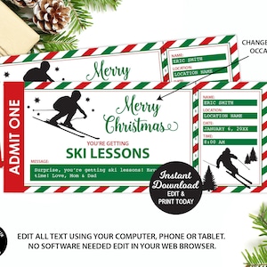 Biglietto per lezioni di sci di Natale, Carta regalo per viaggio sugli sci, Modello stampabile per lezione di skilift, Buono regalo, Skipass modificabile, Buono regalo