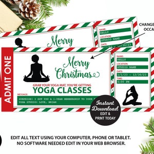 Christmas Yoga Classes Ticket, Yoga Christmas Gift, Editable Ticket, Yoga Studio Gift Certificate Gift Card, Yoga Lessons Gift Voucher
