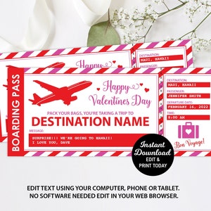 Valentines Boarding Pass Ticket, Airplane Ticket Editable, Surprise Trip, Valentines Gift, Printable, Editable Ticket, INSTANT DOWNLOAD