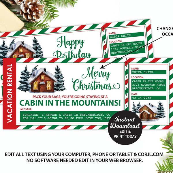 Vacation House Rental Ticket, Cabin Rental, Mountain Trip Ticket, Airbnb Gift Certificate, VRBO Gift Card, Christmas Gift, Editable Ticket