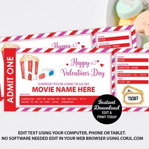 Valentines Day Movie Ticket, Movie Theater Ticket Gift, Surprise Show Ticket Printable, Fake Movie Ticket, Editable Ticket, INSTANT DOWNLOAD