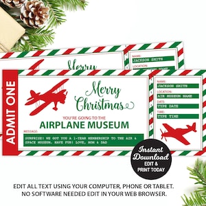 Weihnachtliches Flugzeug Museum Ticket, Surprise Air Space Museum Ticket Vorlage, Flugzeug Museum Mitglied, Weihnachtsgeschenk, Fake Ticket