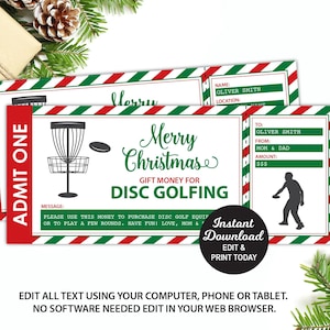 ディスクゴルフギフト券、サプライズディスクゴルフギフトカード、クリスマスギフト、編集可能なギフト券、ディスクゴルフチケットテンプレート、印刷可能