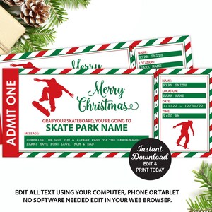 Skateboard Park Ticket, Überraschung Skateboard Weihnachtsgeschenk, Editierbares Skate Park Ticket, Kinder Geschenk, Weihnachtsgeschenk, druckbar