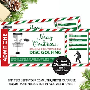 Bilhete de jogo de golfe de disco, modelo de bilhete de golfe de disco surpresa, presente de Natal, vale-presente editável, download instantâneo