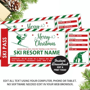 Bilet na wyjazd narciarski, Bilet na snowboard, Szablon biletu na wyciąg narciarski, Niespodziewane rodzinne wakacje narciarskie, Prezent świąteczny, Edytowalny bon upominkowy