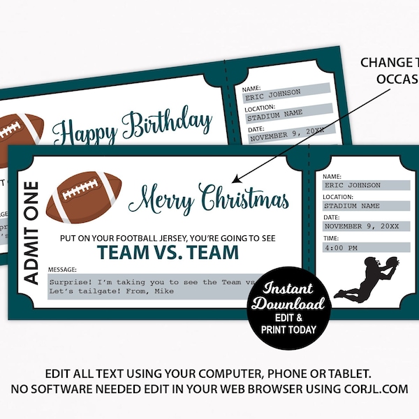 Editable Football Game Gift Ticket, Christmas Present, Birthday Football Gift, Christmas Gift, Any Occasion, Fake Ticket, Philadelphia Color
