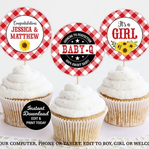 Baby Q Cupcake Toppers, BBQ Baby Shower, Baby Q Sunflower Cupcake, Editable Cupcake Toppers, Cupcake Picks, Printable