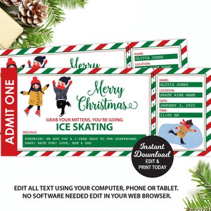 Boleto de Patinaje sobre Hielo de Navidad, Regalo de Navidad, Certificado de Regalo de Patinaje sobre Hielo Editable, Membresía de Patinaje sobre Hielo, Regalo de Navidad para Niños, Imprimible