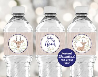 Little Buck Water Labels, Editable Deer Water Bottle Stickers, Baby Boy, Little Deer Baby Shower Boy, Rustic, Printable