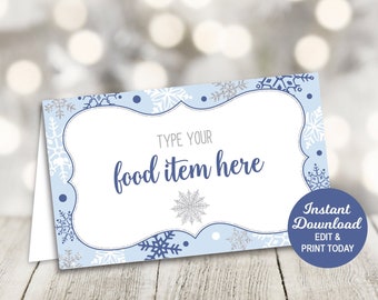 Winter ONEderland Food Labels, Snowflake Place Cards, Food Tents Printable, Blue and Silver, Editable, Buffet Cards, Instant Download