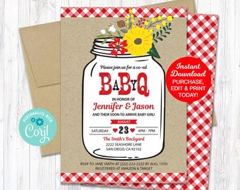 Baby Q Shower Invitation Mason Jar Sunflowers Red, BBQ Baby Shower Invitation, Mason Jar baby shower, Couples Baby Shower Printable Pdf File