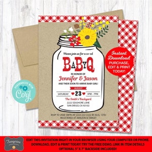 Baby Q Shower Invitation Mason Jar Sunflowers Red, BBQ Baby Shower Invitation, Mason Jar baby shower, Couples Baby Shower Printable Pdf File