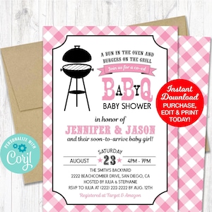 Baby Q Shower Girl Invitation, BBQ Baby Shower Invitation, Couples Baby Shower BBQ, Girl baby shower invitations, Printable Pdf File