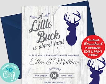 Little Buck Baby Shower Invitation, Deer Baby Shower Invitation, Woodland Animal Shower, Hunting Shower, Printable Invitation, Editable