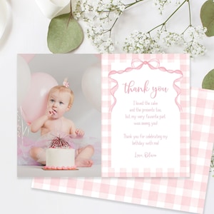Editable Pink Bow Birthday Thank You Card, Girl Pink Gingham 1st First Birthday Photo Card Corjl Template