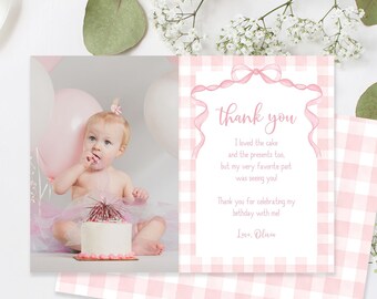 Editable Pink Bow Birthday Thank You Card, Girl Pink Gingham 1st First Birthday Photo Card Corjl Template