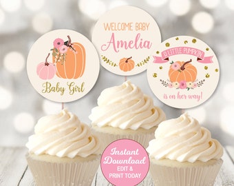 Pumpkin Baby Shower Cupcake Toppers, Girl Baby Shower, Pink and Gold, Personalized, Editable, Printable, INSTANT DOWNLOAD