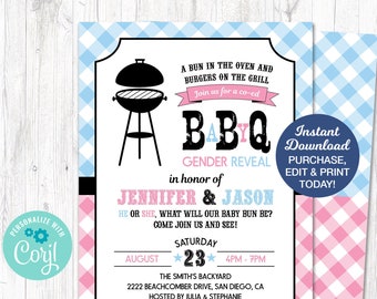 Baby Q Gender Reveal Invitation, Printable BBQ Gender Reveal Invitation, Couples Gender Reveal , Printable Pdf File