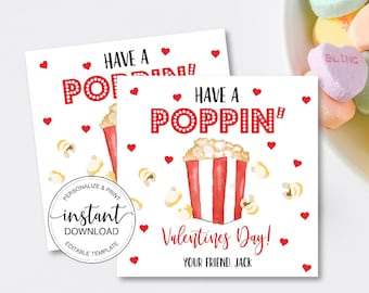 Popcorn Valentines Day Tag Printable, Kids Valentine Card, Non Candy School Valentines Cards, Have a Poppin' Valentines Day Label Printable