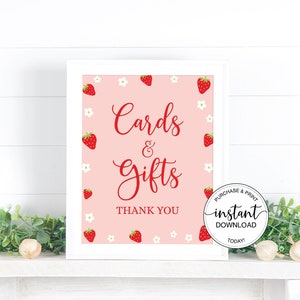 Erdbeer-Geburtstagskarten und Geschenke-Schild, Geschenk-Tischschild, Mädchen-Geburtstags-Beeren-Süße-Party zum Ausdrucken