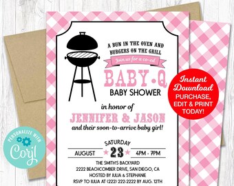 BBQ Baby Shower Invitation Pink, Baby Q Shower Invitation Girl, Summer Baby Shower, Bun In the Oven Baby Shower, Instant Download