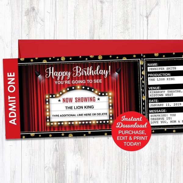 Birthday Theatre Ticket Gift, Surprise Broadway Show, Surprise Show Ticket Printable, Musical Show Ticket, Editable Theater Ticket