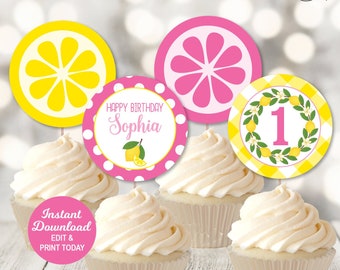 Lemonade Birthday Cupcake Toppers, Pink Lemonade Party, Cupcake Picks, Summer Birthday, Editable, Girl 1st Birthday, Instant Download