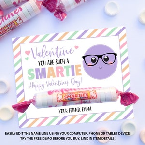 Smartie Valentines Day Tag Printable, Kids Valentine Card, School Valentines Cards, Candy Valentine, Printable Valentine