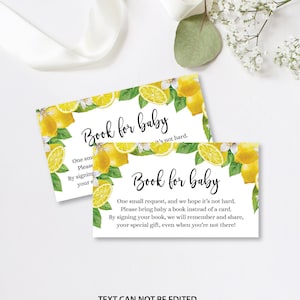 Citroenboek verzoekkaart, boek voor babyticket babybibliotheek, babyboekverzoek uitnodigingsinzetstuk, citroen babyshowerdecoratie