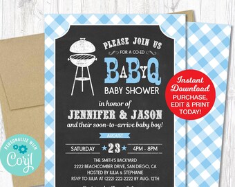 Baby Q Shower Invitation Light Blue, BBQ Baby Shower Invitation, Couples Baby Shower Printable Pdf File, INSTANT DOWNLOAD