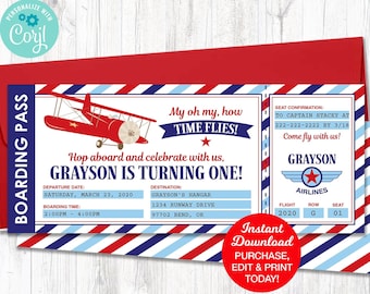 Airplane Birthday Invitation, Airplane Invitation, Airplane Ticket Invitation, Vintage Airplane Party,  Printable PDF File INSTANT DOWNLOAD