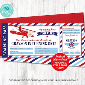 Airplane Birthday Invitation, Airplane Invitation, Airplane Ticket Invitation, Vintage Airplane Party,  Printable PDF File INSTANT DOWNLOAD