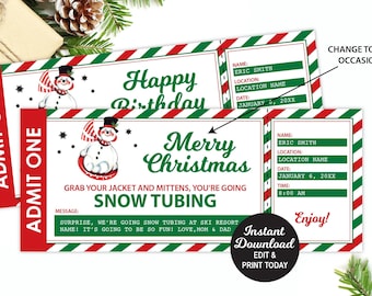 Snow Tubing Ticket Editable, Christmas Gift, Sledding Ticket Printable, Surprise Ticket, Surprise Vacation, Snow Vacation, INSTANT DOWNLOAD