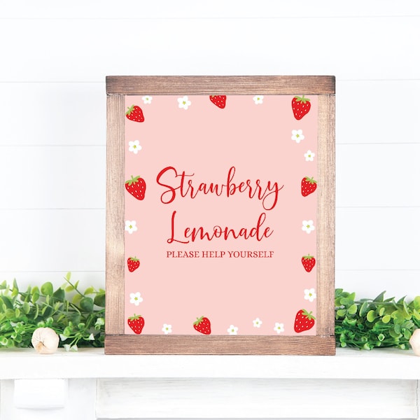 Strawberry Lemonade Sign, Strawberry Birthday Drink Sign, Girl Birthday Berry Sweet Party Printable Pink Red Strawberry