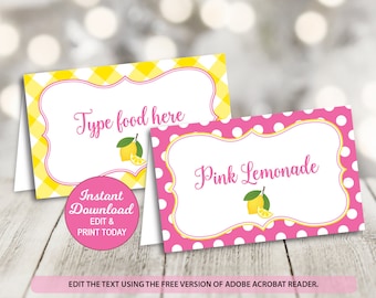 Lemonade Party Food Tents - Pink & Yellow - Pink Lemonade Birthday - Lemonade Baby Shower - INSTANT DOWNLOAD