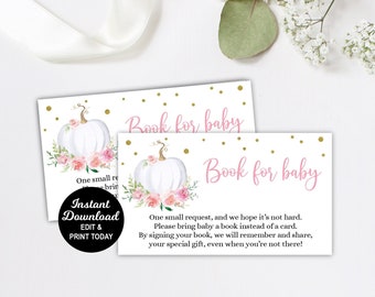 Pumpkin Book Request card, Pumpkin Baby Shower Book Request Ticket, Bring a Book, Pumpkin Pink Floral Baby Library, Invitation Insert