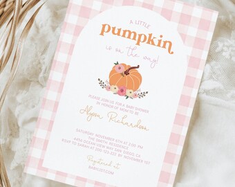 Editable Little Pumpkin Baby Shower Invitation, Fall Baby Shower Invite Printable Baby Girl Pink Gingham Boho Corjl Template 0021