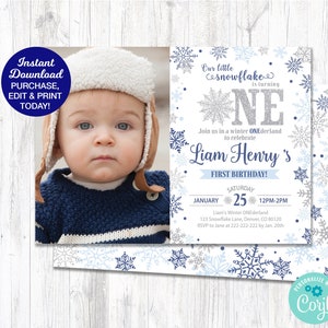 Winter Onederland Invitation Boy, Winter Wonderland Invitation, Blue Silver, Editable Invitation, Photo Invite, Printable, INSTANT DOWNLOAD