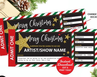 Könnte beinhalten: Druckbare Weihnachts-Ticketvorlage mit einem rot-weiß-grünen gestreiften Rand. Das Ticket lautet "Frohe Weihnachten" und "Überraschung! Du wirst ARTIST/SHOW NAME sehen". Das Ticket hat auch einen Nachrichtenbereich und Platz, um den Namen des Empfängers, das Datum, die Uhrzeit und den Ort auszufüllen.