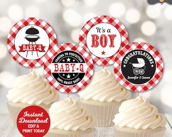 BBQ Baby Shower Decorations, Baby Q Cupcake Toppers Red, Couples Baby Shower, Personalized, Printable Pdf File