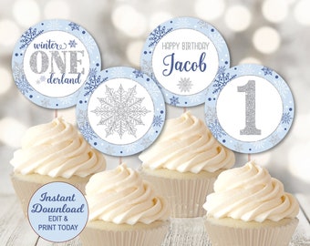 Winter ONEderland Cupcake Toppers, Winter First Birthday Decorations Boy, Blue & Silver, Winter Wonderland, Printable, INSTANT DOWNLOAD
