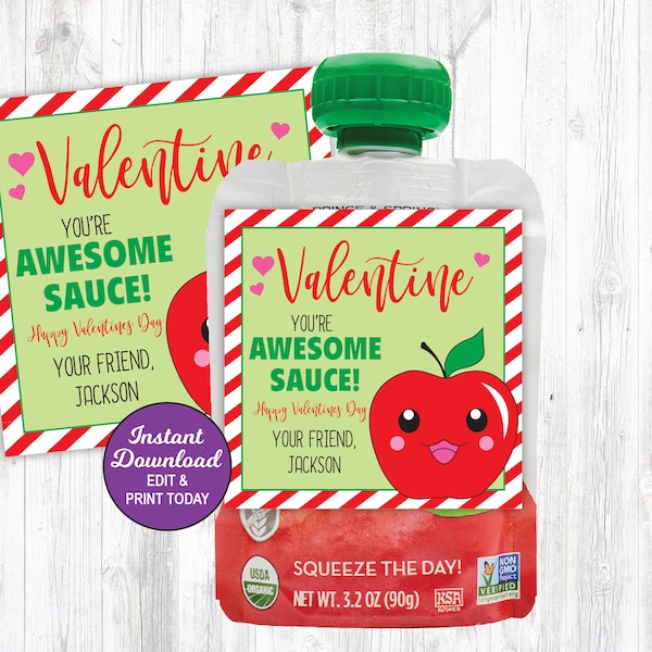 Applesauce Valentines, Awesome Sauce Valentine, Kids Valentines, Toddler Valentines, School Valentines Cards Editable Printable PDF File