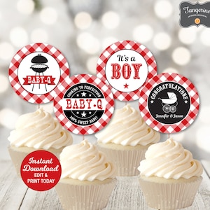 BBQ Baby Shower Decorations, Baby Q Cupcake Toppers Red, Couples Baby Shower, Personalized, Printable Pdf File