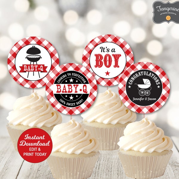 BBQ Baby Shower Decorations, Baby Q Cupcake Toppers Red, Couples Baby Shower, Personalized, Printable Pdf File