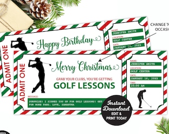 Golf Lessons Ticket, Editable Golf Lessons Gift Certificate, Christmas Golf Gift,  Christmas Gift, Printable Ticket, Christmas Present