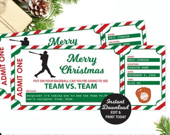 Christmas Baseball Ticket Gift, Baseball Ticket Printable, Surprise Baseball Ticket, Game Ticket Editable, Fake Game Ticket INSTANT DOWNLOAD
