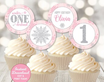 Winter ONEderland Cupcake Toppers, Winter Wonderland Decorations, Pink & Silver, Girl First Birthday, Printable, INSTANT DOWNLOAD