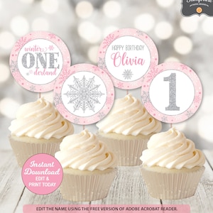 Winter ONEderland Cupcake Toppers, Winter Wonderland Decorations, Pink & Silver, Girl First Birthday, Printable, INSTANT DOWNLOAD