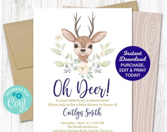 Deer Baby Shower Invitation Boy, Little Buck Baby Shower Invite, Editable Oh Deer Invitation, Woodland Baby Shower Template